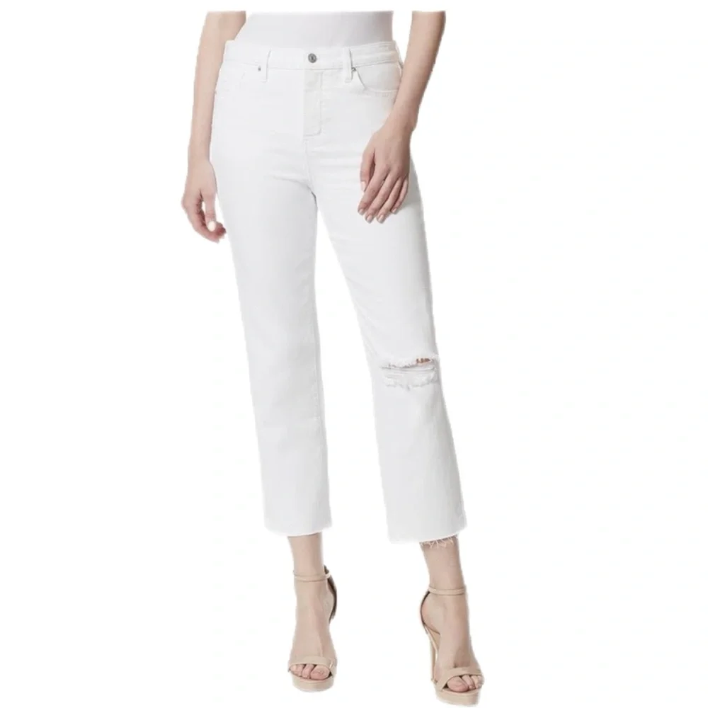 Jessica Simpson High Rise Straight Leg Ankle Cutoff Frayed Jeans  29 White Pants - Picture 6 of 11